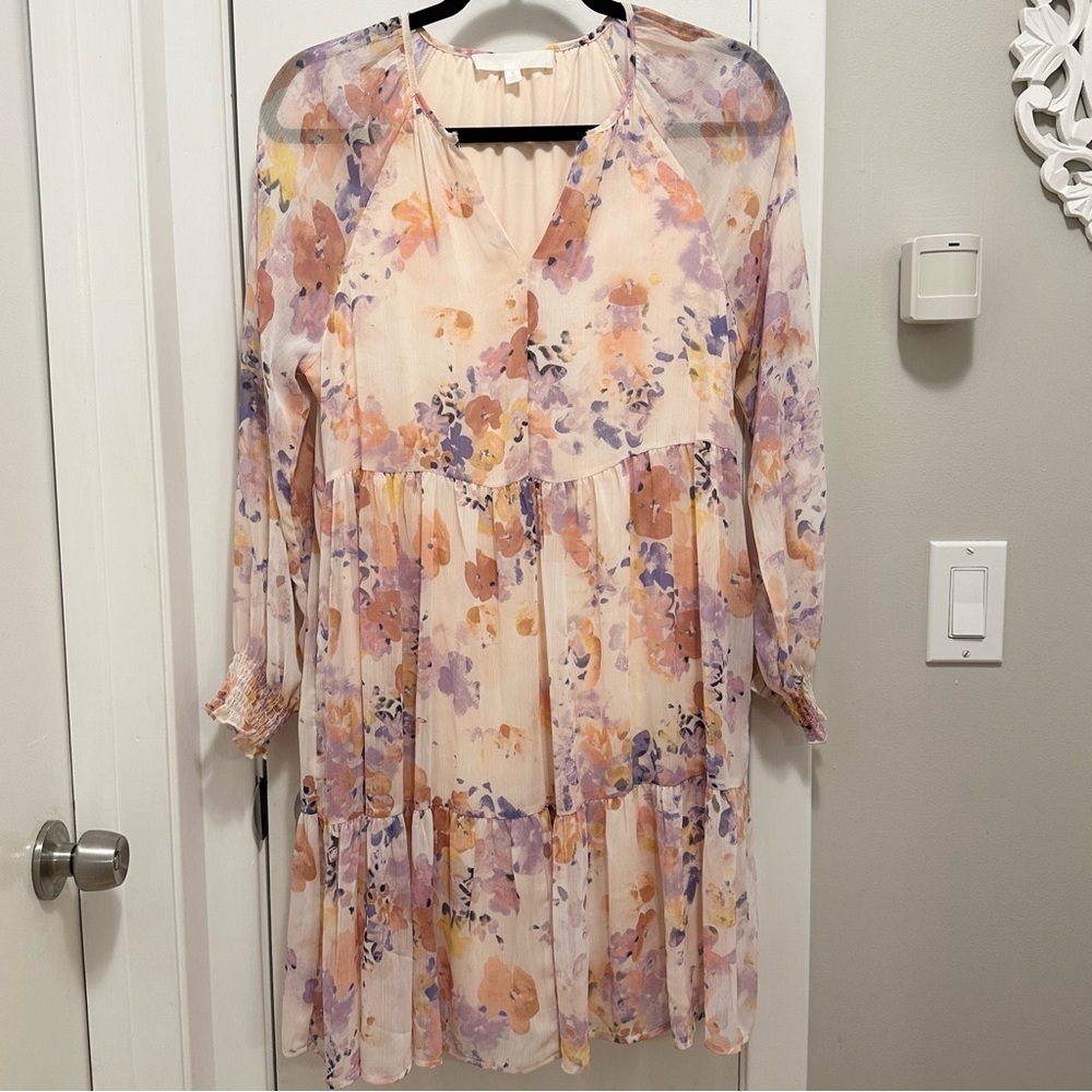 Adyson Parker S Floral Tiered Puff Long Sleeve Strawberry Cream Mini Dress pink
